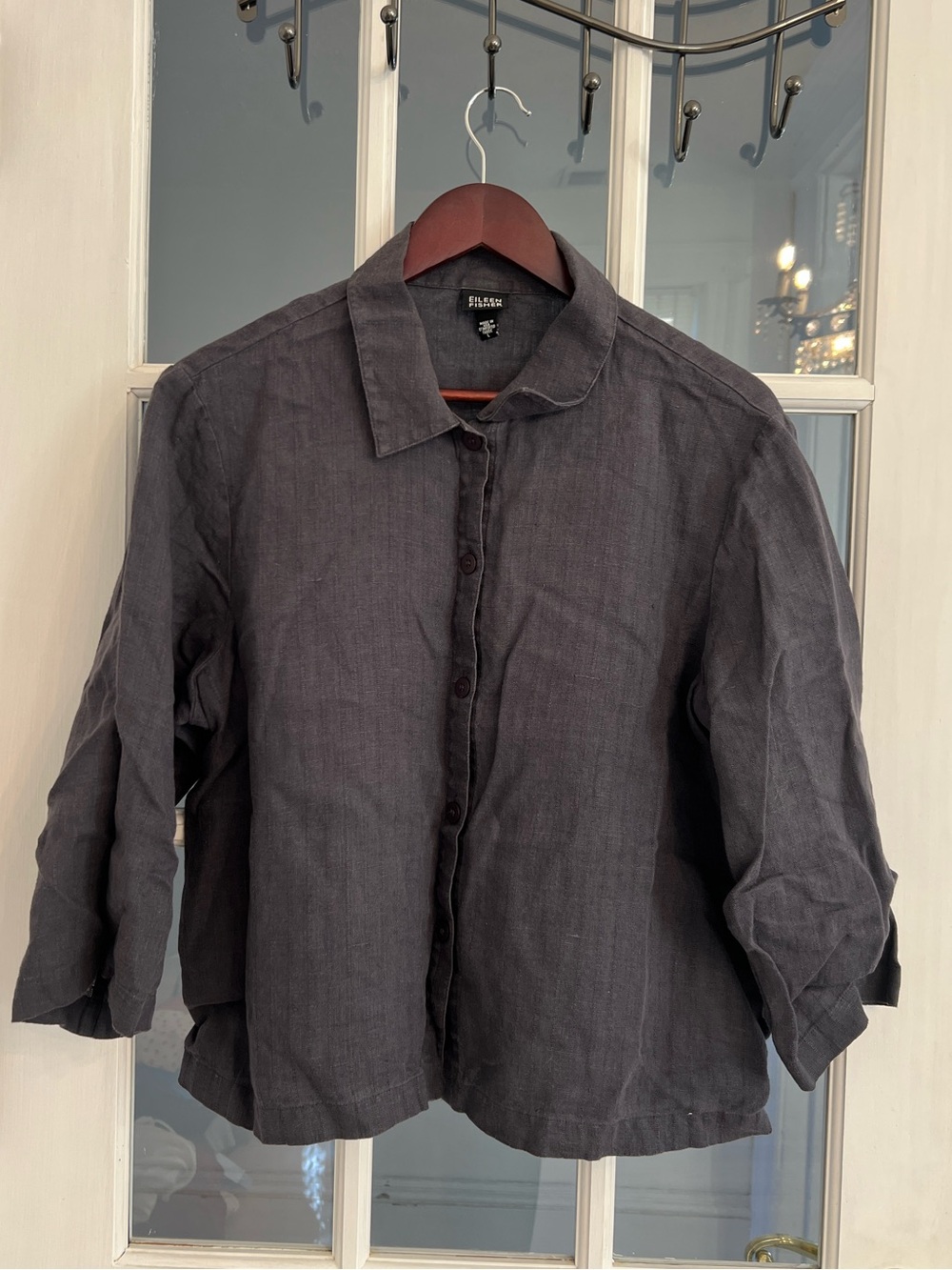 EILEEN FISHER Women's Black 100% Linen Long Sleeve Button Down Shirt Size L